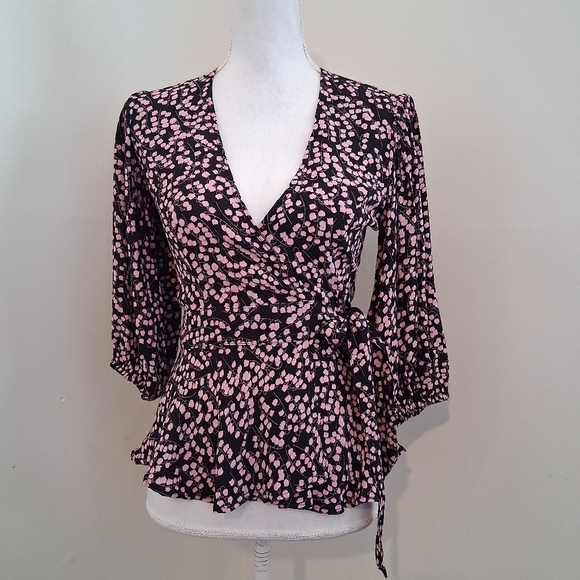Ganni Floral Flounce Pink and Black Wrap Blouse Size 32, U.S XS - Picture 6 of 10